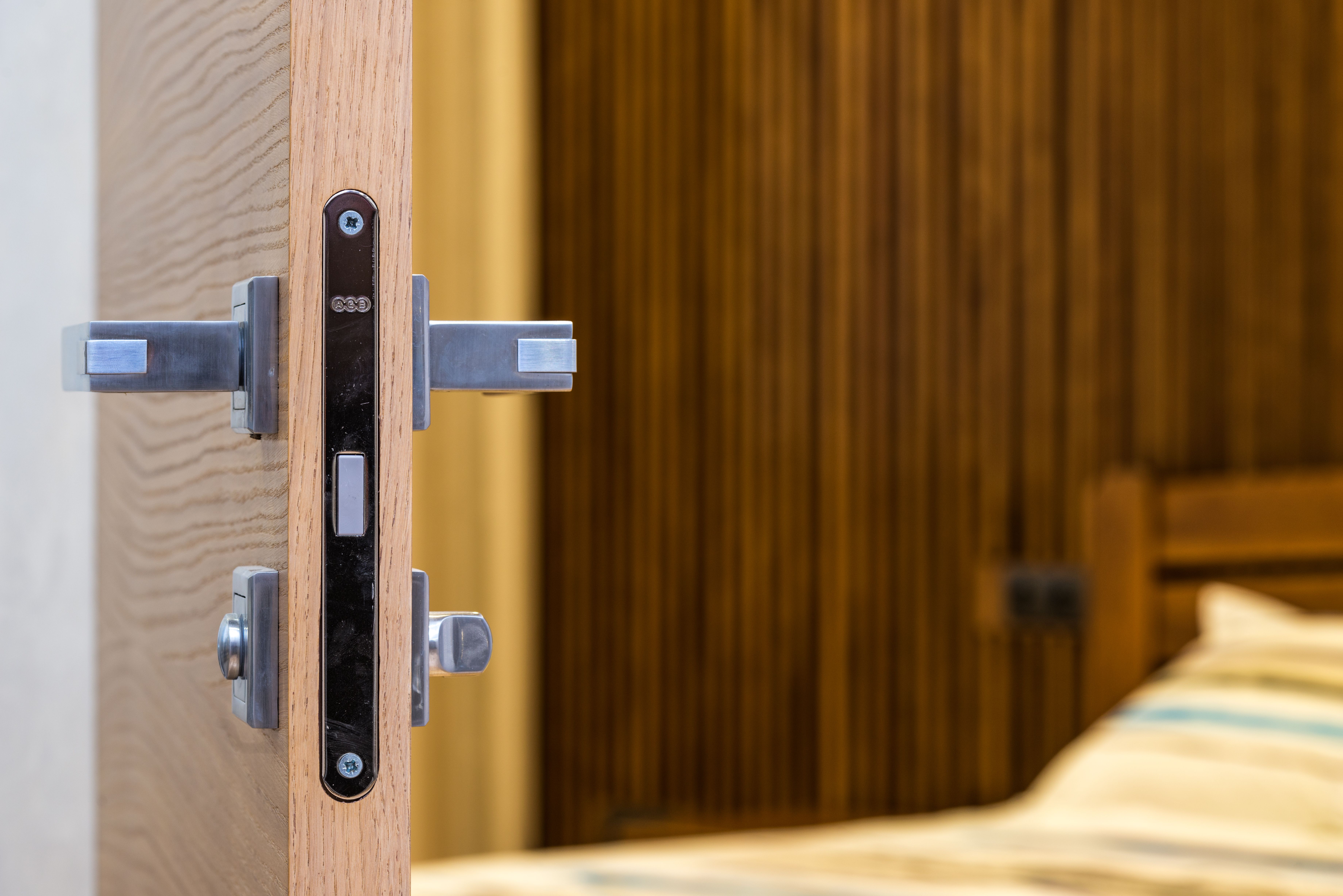 Private bedroom with closed door and lock, mood stock